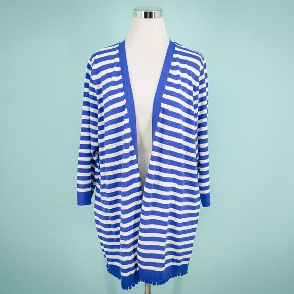 Talbots Plus Size 2X Blue White Stripe Pom Pom Fringe Open Tunic Knit Cardigan - Picture 1 of 5